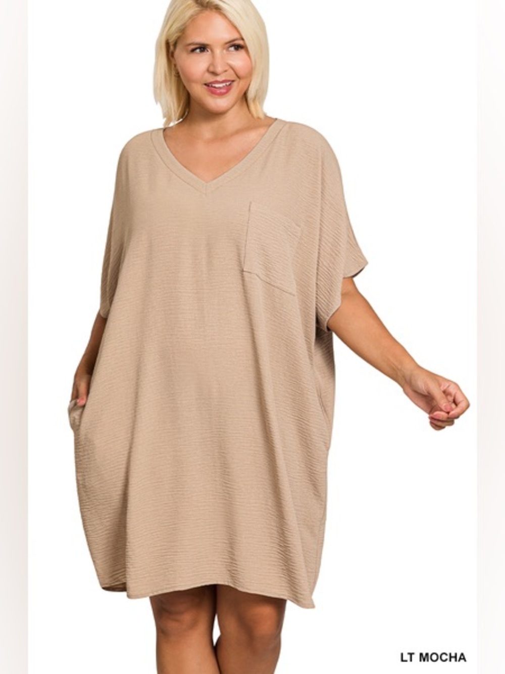 Zenana WOVEN AIRFLOW V NECK T SHIRT DRESS WITH POCKETS - Picture 3 of 3